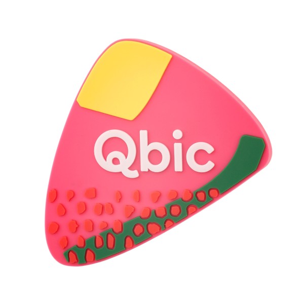 A pink triangular badge with the word Qbic in white with yellow and green patterns on the badge's edge.